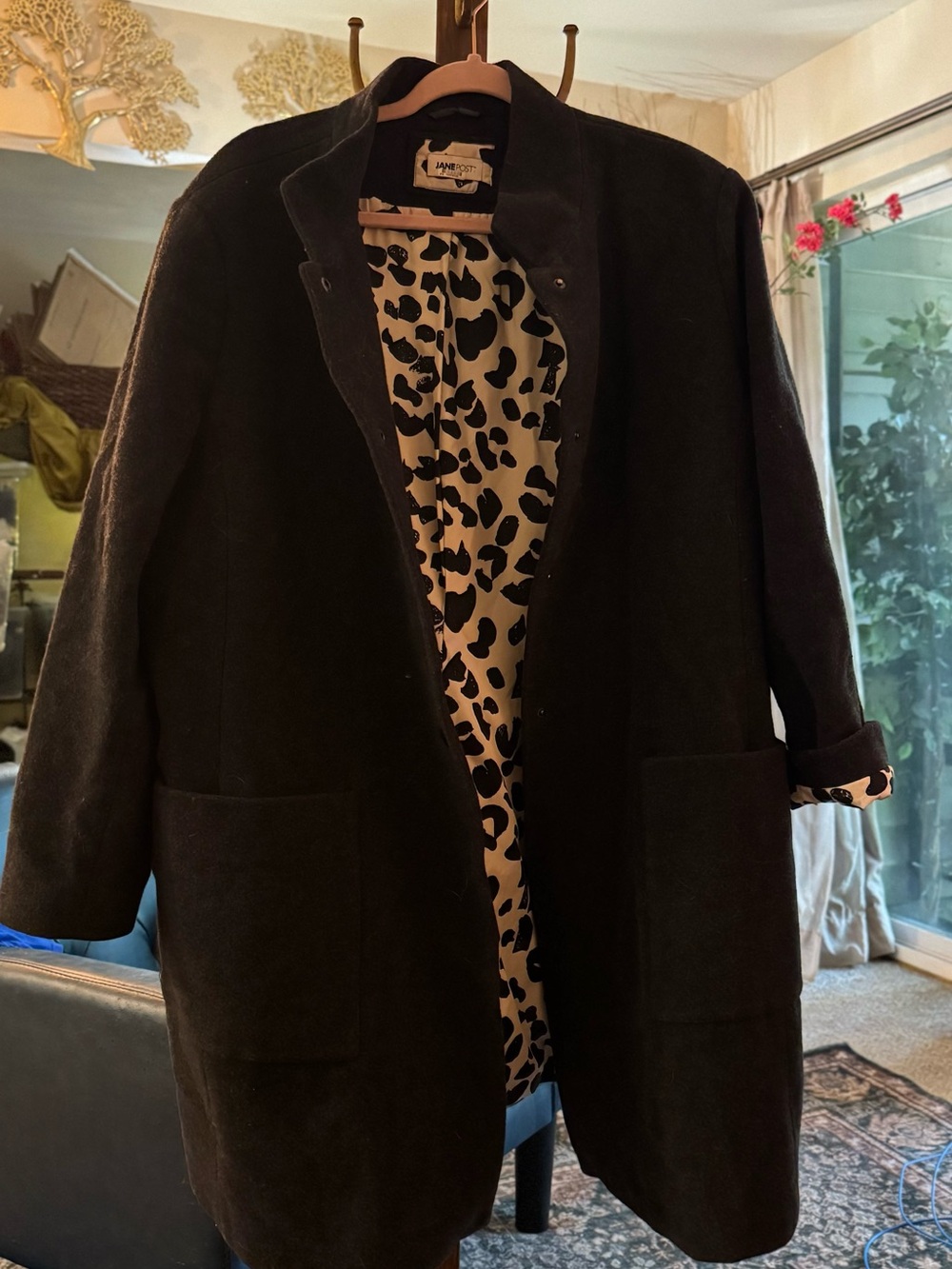 Jane Post Aline Wool Leopard-Lined Black Women's Coat Medium Charcoal Grey